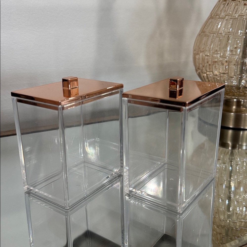 Set of 2 Rose Gold Metallic Acrylic Containers Tops Q-Tips Cotton Balls Etc